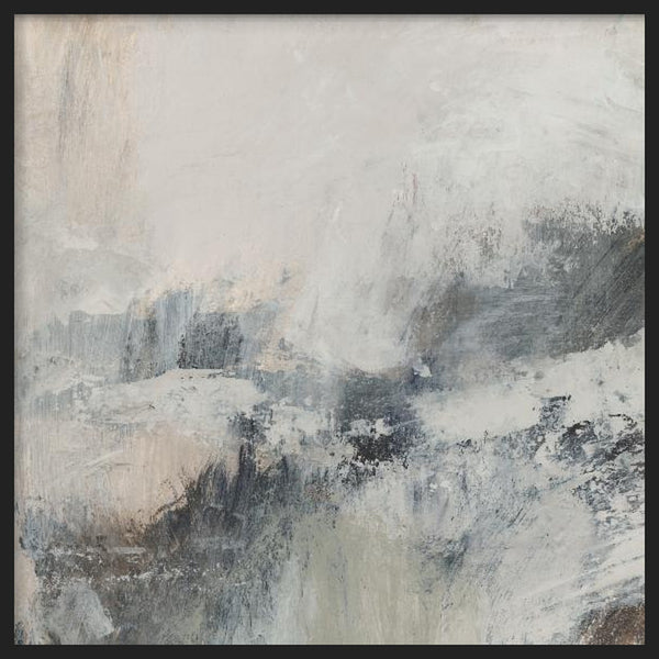 Tableau carré avec composition abstraite de taches douces en blanc cassé, gris fumée, beige sable et noir discret, dans un style contemporain et épuré. Disponible sur kudeko.com