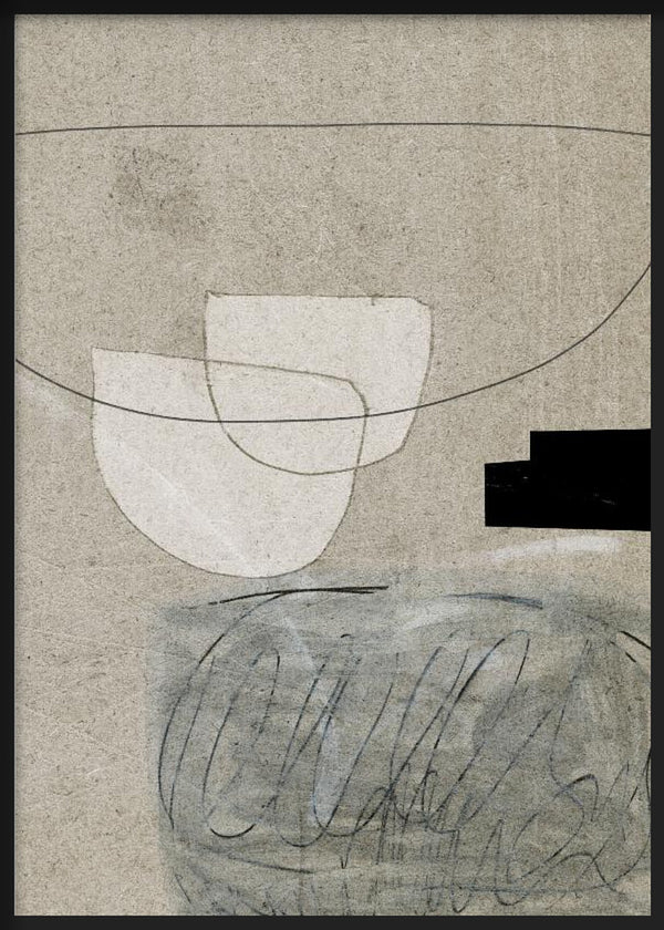 Cuadro con composición abstracta de líneas curvas, formas blancas superpuestas, fondo beige texturizado, matices grises y acento negro de estilo abstracto. Disponible en kudeko.com