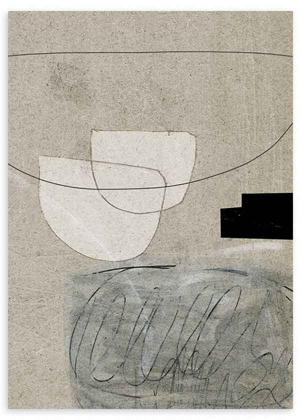 Cuadro con composición abstracta de líneas curvas, formas blancas superpuestas, fondo beige texturizado, matices grises y acento negro de estilo abstracto. Disponible en kudeko.com
