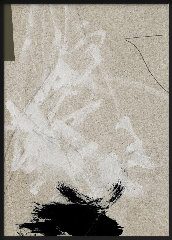 Cuadro con composición abstracta en beige arena, blanco difuminado y negro intenso sobre fondo texturizado, de estilo abstracto. Disponible en kudeko.com