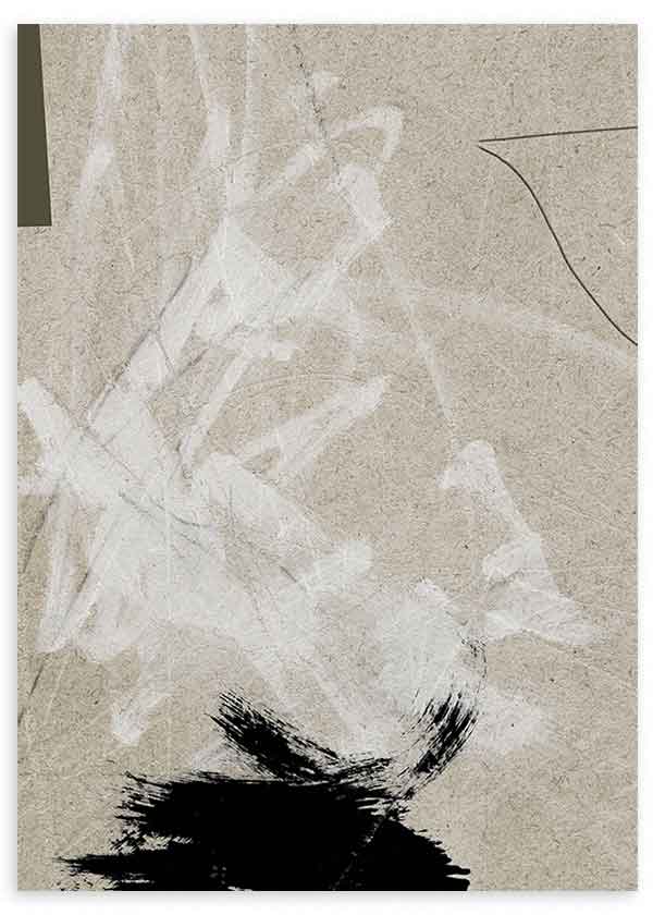 Cuadro con composición abstracta en beige arena, blanco difuminado y negro intenso sobre fondo texturizado, de estilo abstracto. Disponible en kudeko.com
