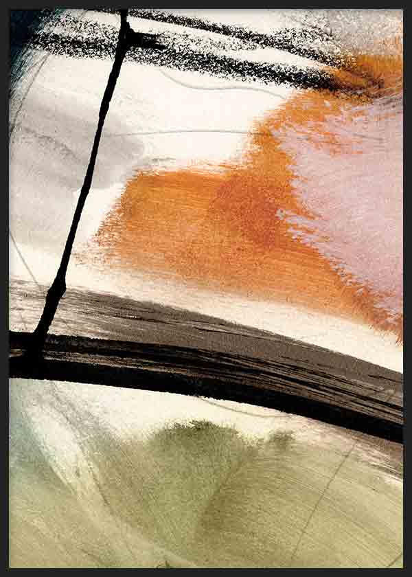 Cuadro con composición abstracta en tonos terracota, beige, verde oliva y negro, con formas amplias, líneas marcadas y contraste contemporáneo de estilo abstracto. Disponible en kudeko.com