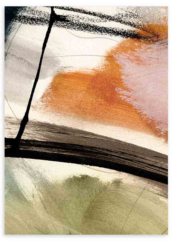 Tableau encadré avec composition abstraite en terracotta, beige, vert olive et noir, formes larges, lignes marquées, traces diffuses et style contemporain équilibré. Disponible sur kudeko.com