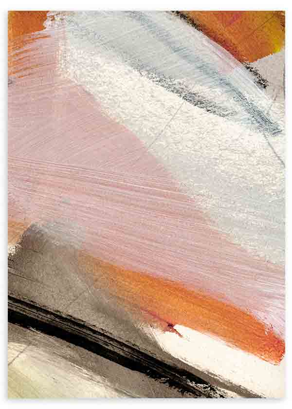 Cuadro con composición abstracta de franjas amplias en rosa empolvado, blanco, terracota, gris topo y negro, con contraste suave y estética contemporánea. Disponible en kudeko.com