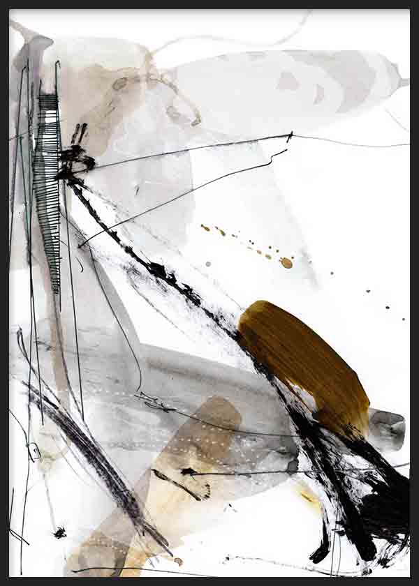 Quadro abstrato emoldurado com linhas pretas dinâmicas, formas translúcidas em cinzento e bege, apontamento ocre, fundo branco e estilo contemporâneo depurado. Disponível em kudeko.com