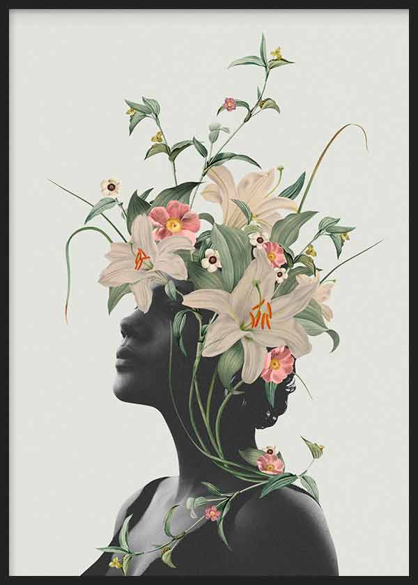 Cuadro de silueta femenina negra con lirios blancos, flores rosadas, hojas verdes y fondo claro, en estilo ilustración botánica elegante. Disponible en kudeko.com