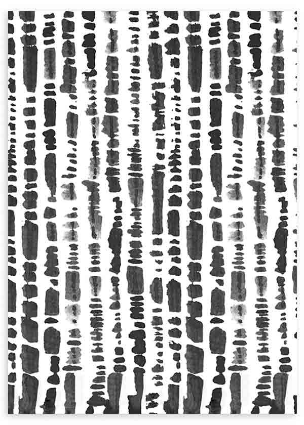 Cuadro de composición abstracta con franjas irregulares en negro y gris sobre fondo blanco, de estilo abstracto. Disponible en kudeko.com