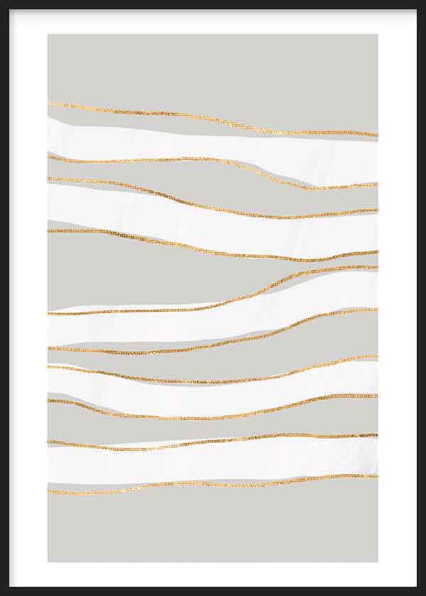 Tableau avec lignes ondulées blanches sur fond gris clair, fins détails dorés et style minimaliste à l'esthétique apaisante. Disponible sur kudeko.com