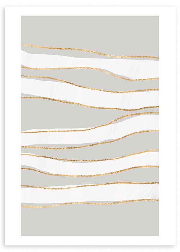 Cuadro de líneas onduladas blancas sobre fondo gris claro con detalles dorados finos, de estilo minimalista y estética serena. Disponible en kudeko.com