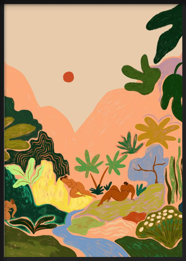 Wandbild mit tropischer Landschaft, rosafarbenen Bergen, blauem Fluss, hellem Wasserfall, grünem Blattwerk, ruhenden Figuren und Illustrationsstil in Pastelltönen. Erhältlich auf kudeko.com