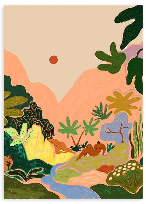 Tableau avec paysage tropical, montagnes roses, rivière bleue, cascade claire, feuillage vert, figures humaines au repos et style illustration aux tons pastel. Disponible sur kudeko.com