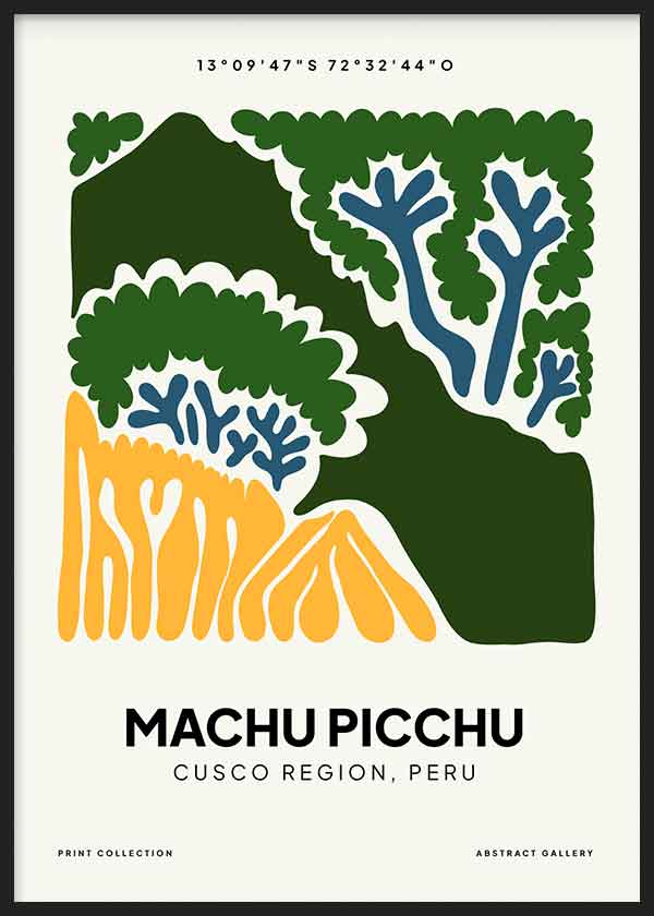 Cuadro de Machu Picchu con montañas verdes, árboles azules, terrazas mostaza y composición gráfica de estilo abstracto. Disponible en kudeko.com