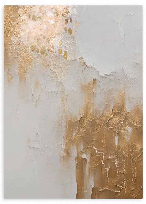 Tableau avec composition abstraite de textures minérales en blanc cassé, beige et doré, effet marbré doux et style contemporain épuré. Disponible sur kudeko.com