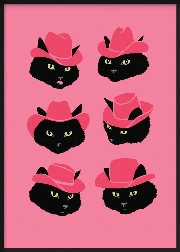Cuadro con seis caras de gatos negros con sombreros vaqueros rosas sobre fondo rosa, ojos amarillos y estilo animales. Disponible en kudeko.com