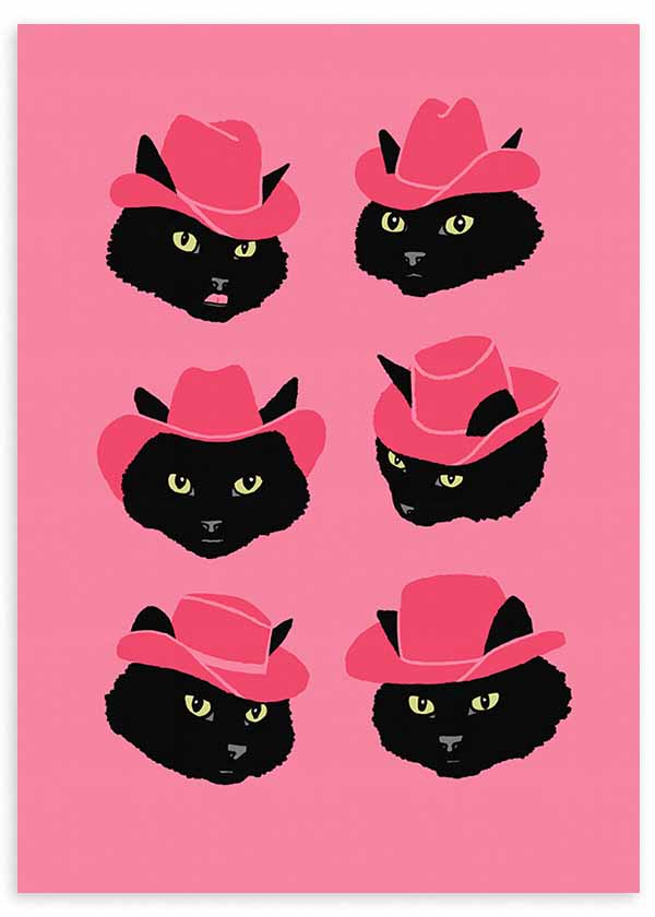 Cuadro con seis caras de gatos negros con sombreros vaqueros rosas sobre fondo rosa, ojos amarillos y estilo animales. Disponible en kudeko.com