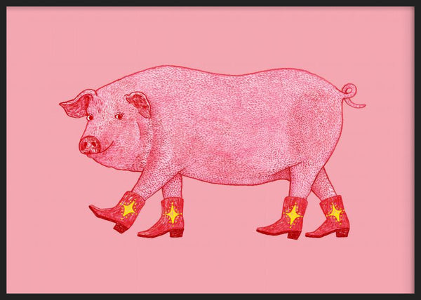 Horizontales Wandbild mit rosa Schwein im Profil vor rosa Hintergrund, roten Cowboystiefeln, gelben Sternen und verspieltem Illustrationsstil. Erhältlich auf kudeko.com