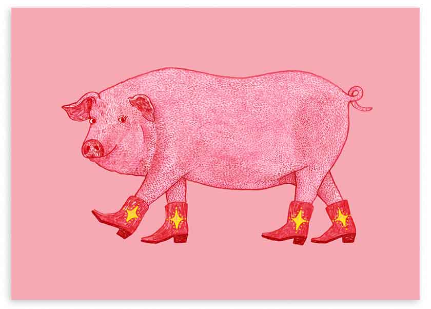 Cuadro horizontal de cerdo rosa de perfil sobre fondo rosa, con botas vaqueras rojas y estrellas amarillas, en estilo ilustración. Disponible en kudeko.com