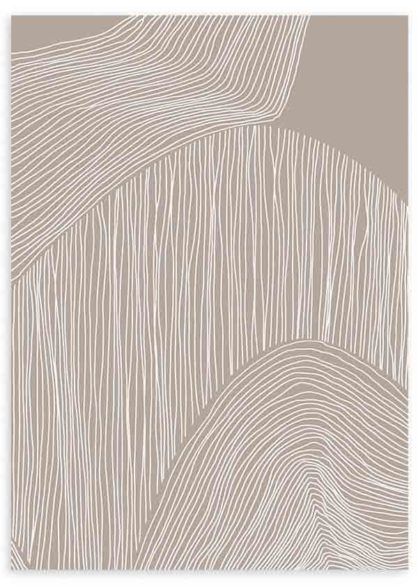 Cuadro con formas orgánicas en beige topo y líneas blancas onduladas, composición abstracta de apariencia serena y moderna. Disponible en kudeko.com