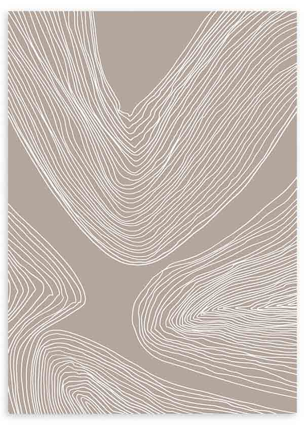 Cuadro con formas abstractas de líneas orgánicas blancas sobre fondo beige topo, composición fluida de apariencia serena y moderna, estilo abstracto. Disponible en kudeko.com