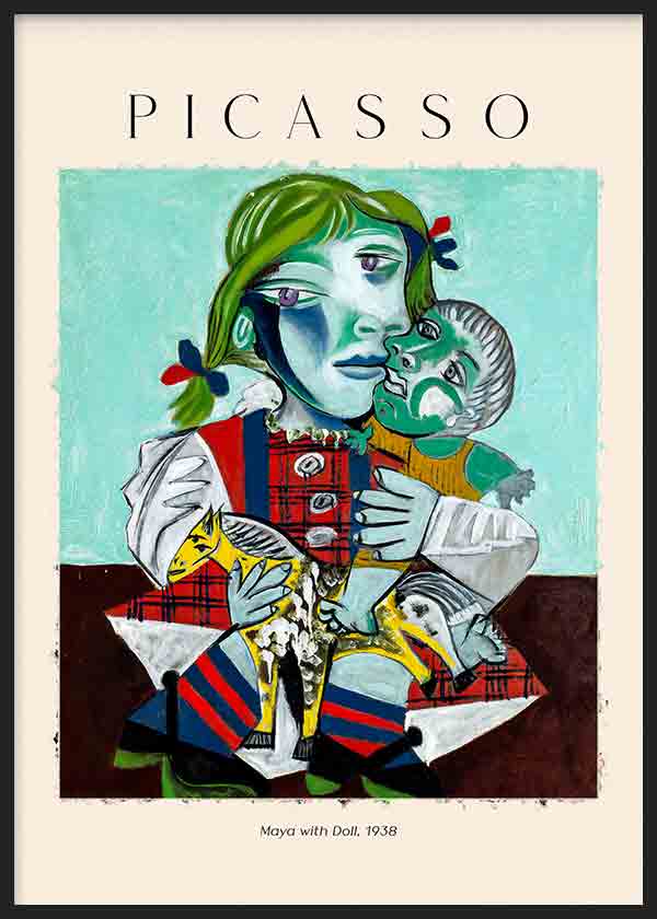 Wandbild inspiriert von dem Motiv Picassos, das seine Tochter Maya beim Spielen mit einer Puppe zeigt, expressive Komposition von 1938 im markanten kubistischen Stil. Erhältlich auf kudeko.com