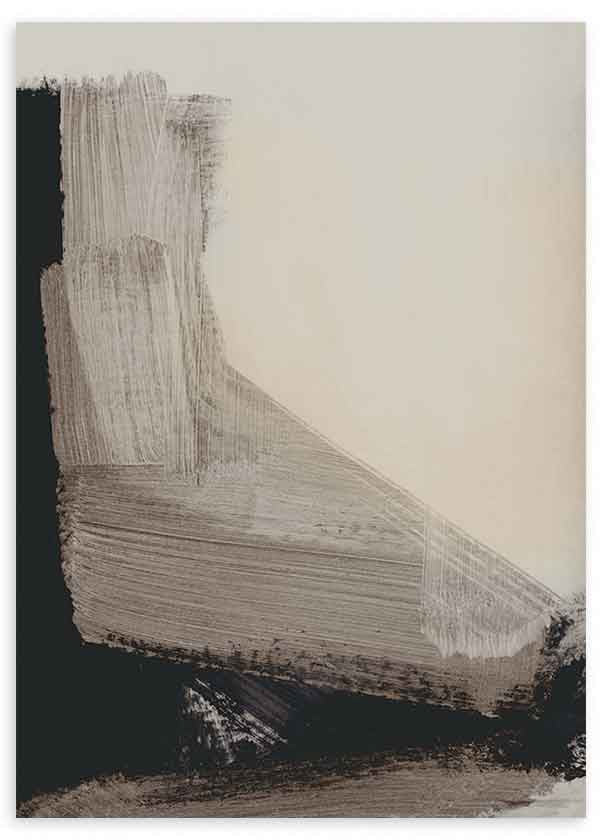 Quadro emoldurado abstrato com formas amplas em preto, bege, taupe e branco cru, num estilo contemporâneo sóbrio e equilibrado. Disponível em kudeko.com