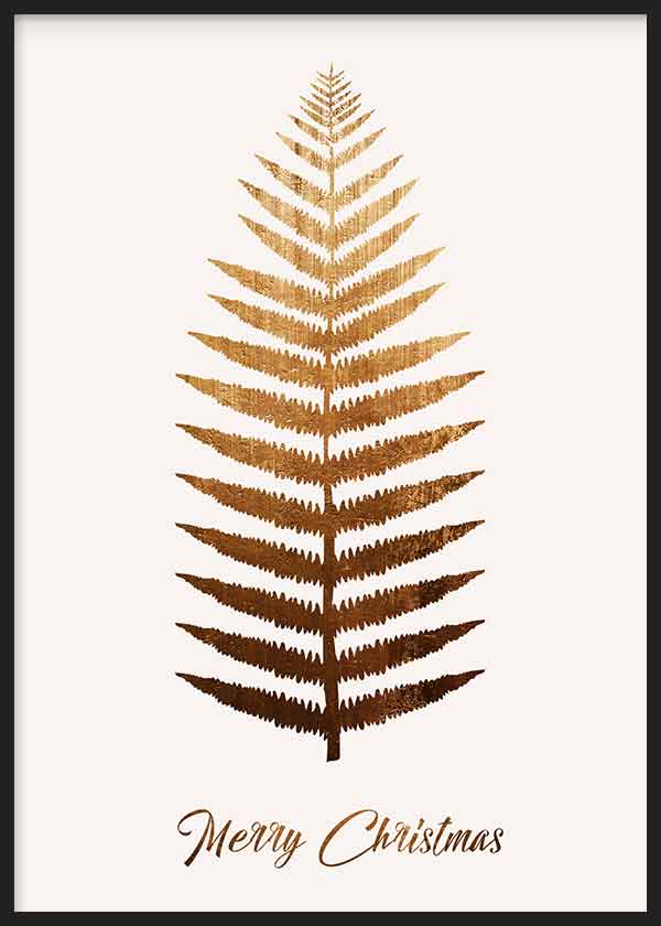 Gerahmtes Wandbild mit braunem und goldenem Farnblatt auf hellem Hintergrund, Schriftzug Merry Christmas, minimalistischer Stil und natürliche weihnachtliche Note. Erhältlich auf kudeko.com