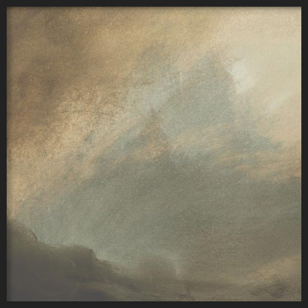 Cuadro cuadrado con cielo tormentoso entre bruma suave, nubes difusas en gris verdoso, beige y arena, de estilo naturaleza y paisajes. Disponible en kudeko.com