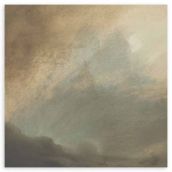 Tableau carré avec ciel orageux dans une brume légère, nuages diffus gris vert, beige et sable, style nature et paysage pour une décoration murale apaisée. Disponible sur kudeko.com