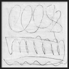 Tableau carré abstrait avec fines lignes noires, grandes formes courbes, motifs ovales et fond blanc cassé, dans un style minimaliste et contemporain. Disponible sur kudeko.com
