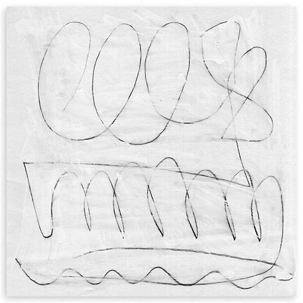 Cuadro cuadrado con líneas negras finas, formas curvas amplias y fondo blanco roto, composición serena de estilo abstracto. Disponible en kudeko.com