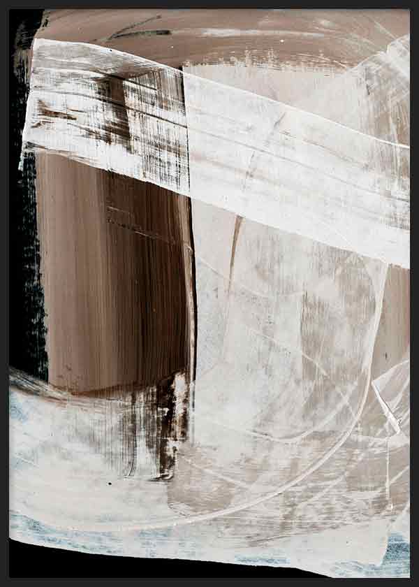 Cuadro con composición abstracta en tonos beige, blanco roto, marrón oscuro y negro, con formas superpuestas, banda diagonal clara y contraste suave de estilo abstracto. Disponible en kudeko.com