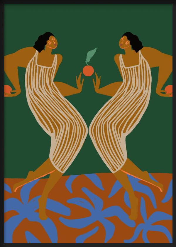 Cuadro de dos figuras femeninas simétricas con vestidos claros, fondo verde oscuro, suelo marrón y hojas azules, de estilo ilustración. Disponible en kudeko.com