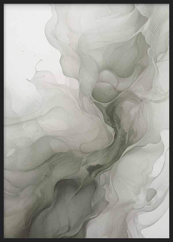 Cuadro con composición abstracta de formas fluidas, veladuras suaves y tonos gris perla, blanco roto y verde salvia, de estilo abstracto. Disponible en kudeko.com