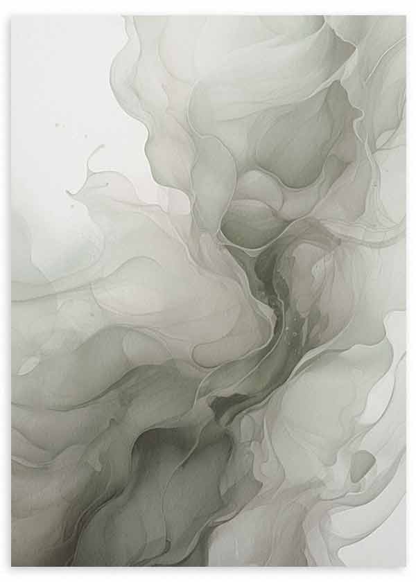 Cuadro con composición abstracta de formas fluidas, veladuras suaves y tonos gris perla, blanco roto y verde salvia, de estilo abstracto. Disponible en kudeko.com