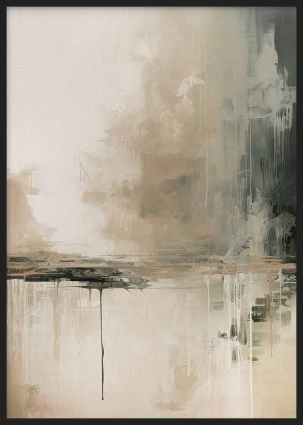 Cuadro con composición abstracta en beige, marfil, gris humo y negro suave, con formas difusas, contrastes velados y acabado contemporáneo sereno. Disponible en kudeko.com