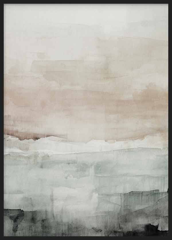 Quadro com composição abstrata em bege, cinzento pérola, branco partido e preto fumado, com formas difusas, ambiente sereno e estilo contemporâneo. Disponível em kudeko.com
