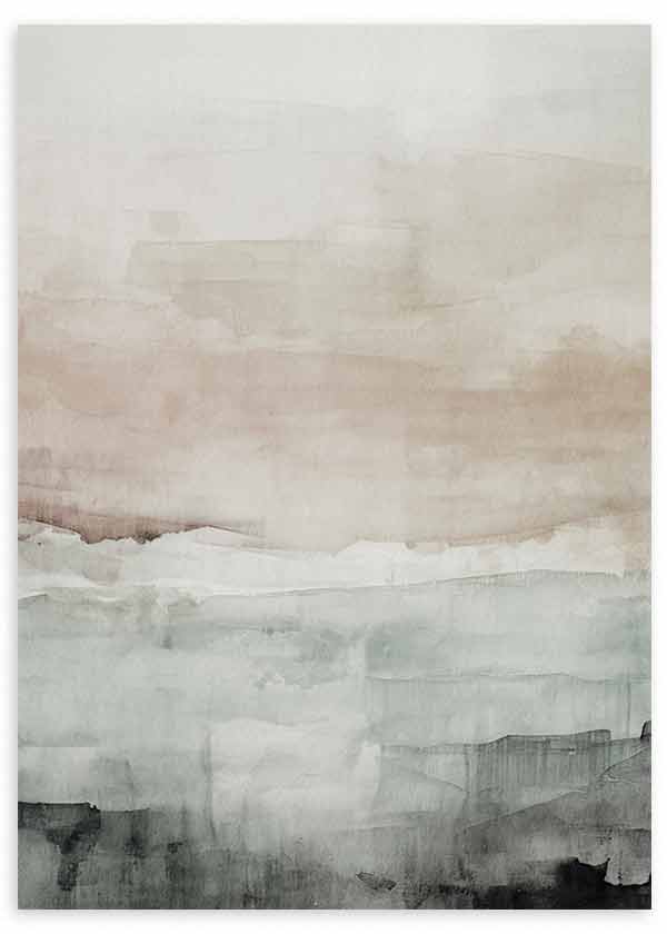 Cuadro composición abstracta en tonos beige, gris perla, blanco roto y negro ahumado, con formas difusas y ambiente sereno de estilo abstracto. Disponible en kudeko.com