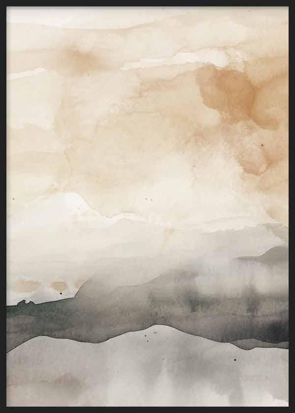 Cuadro con composición abstracta en tonos beige, arena, gris humo y negro, con formas difuminadas que evocan un paisaje brumoso y sereno de estilo abstracto. Disponible en kudeko.com