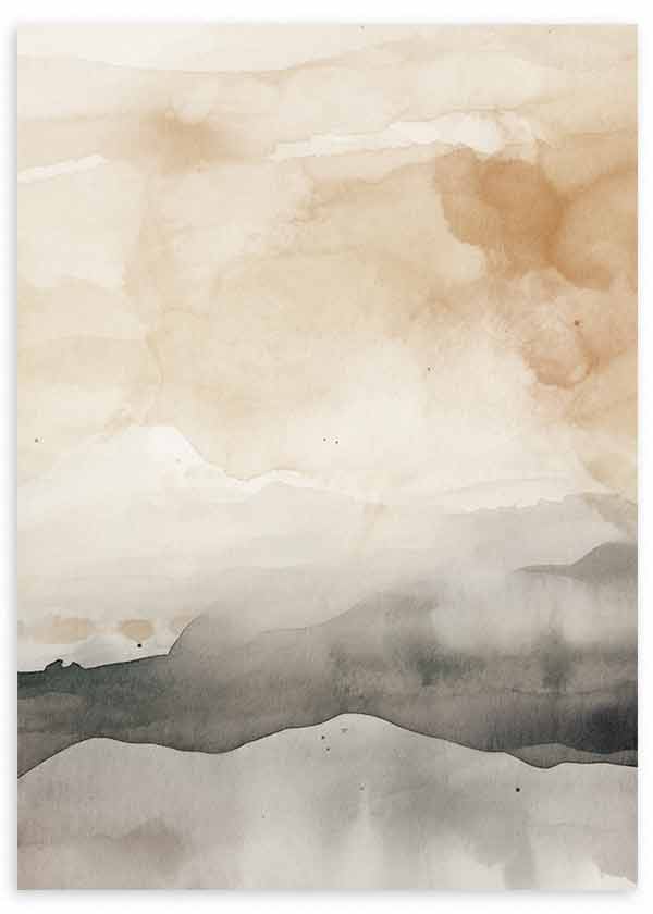 Wandbild mit abstrakter Komposition in Beige, Sand, Rauchgrau und Schwarz, mit weichen verschwommenen Formen, die eine neblige ruhige Landschaft im modernen Stil andeuten. Erhältlich auf kudeko.com