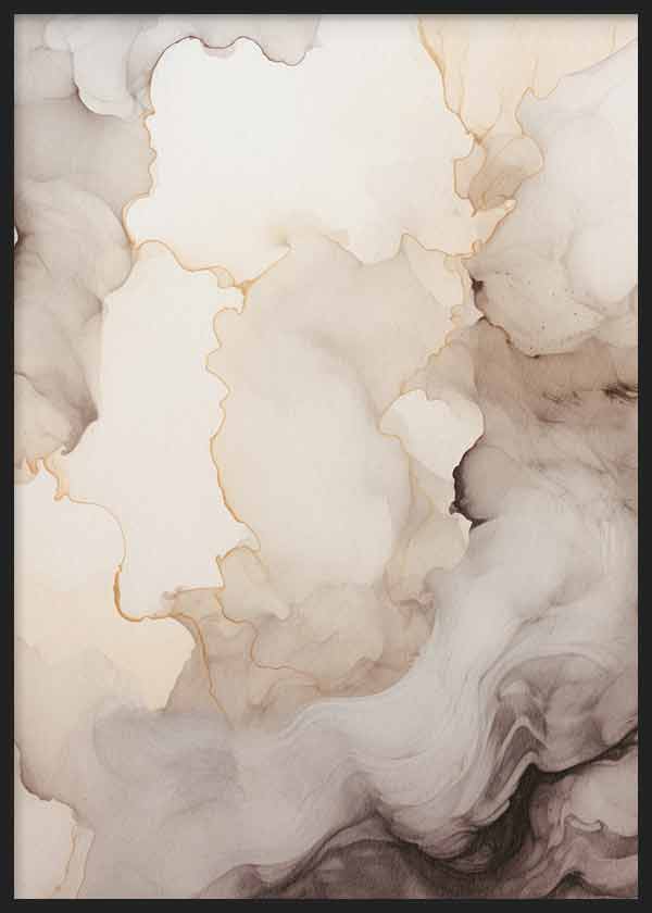 Cuadro con composición abstracta de formas fluidas en tonos crema, beige, arena y gris ahumado, con efecto etéreo y estilo abstracto. Disponible en kudeko.com