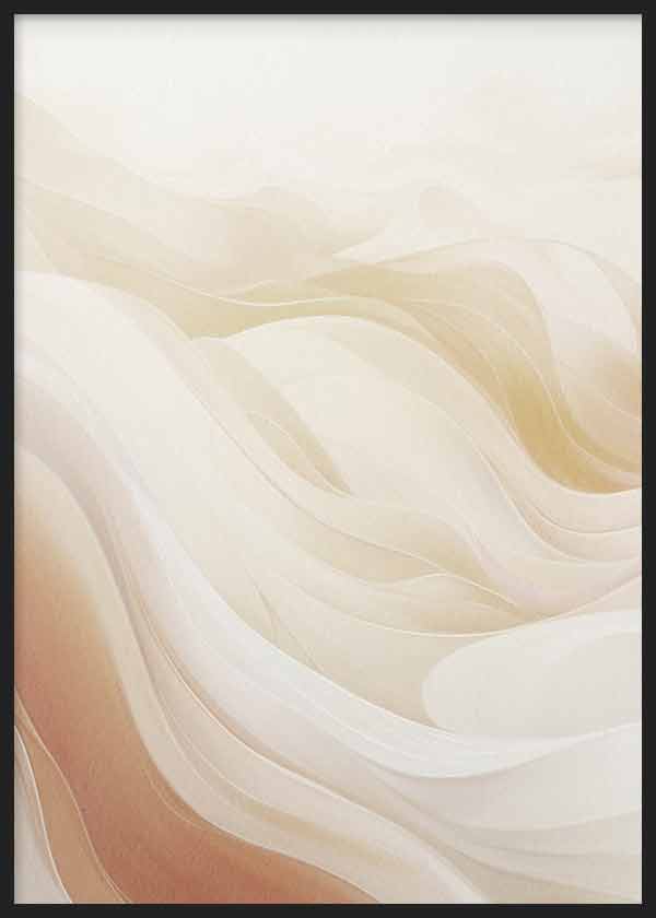 Cuadro de formas onduladas superpuestas en tonos crema, beige, arena y terracota suave, con composición fluida de estilo abstracto. Disponible en kudeko.com