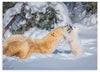 Cuadro horizontal y fotográfico de dos osos polares, madre e hijo, sobre bosque nevado