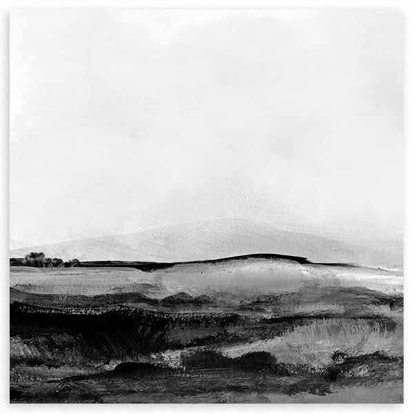 Cuadro cuadrado con paisaje abstracto de colinas difusas, horizonte sereno y tonos blanco, gris y negro, de estilo abstracto. Disponible en kudeko.com