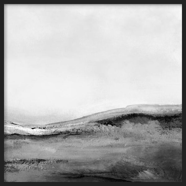 Cuadro cuadrado de paisaje abstracto en tonos blanco, gris y negro, con colinas difusas, zona de agua suave y atmósfera serena, de estilo abstracto. Disponible en kudeko.com