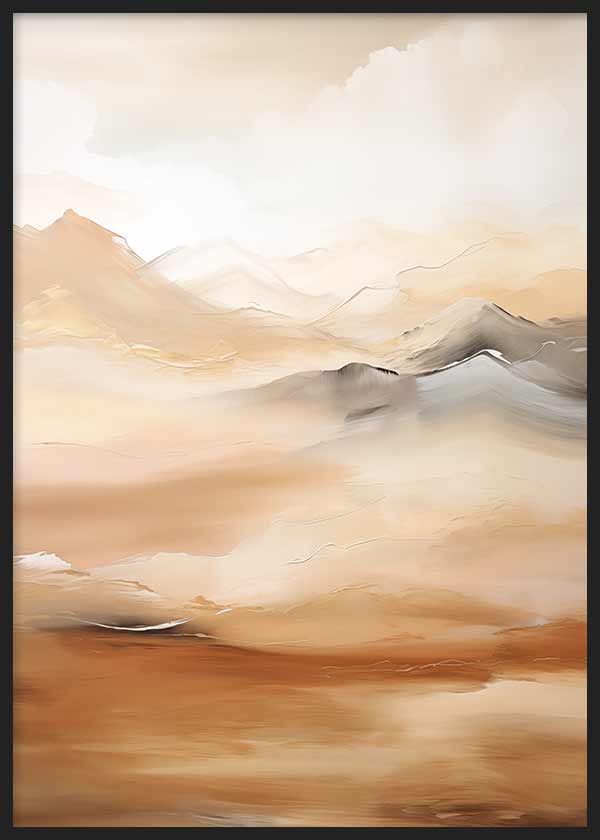 Cuadro de montañas difusas entre niebla en tonos beige, crema, cobre y marrón, con composición serena de estilo naturaleza y paisajes. Disponible en kudeko.com