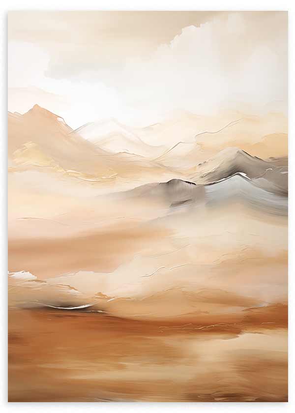 Wandbild mit diffusen Bergen im Nebel in Beige, Creme, Kupfer und Braun, im Natur- und Landschaftsstil mit ruhiger Komposition. Erhältlich auf kudeko.com