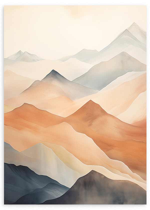 Quadro com montanhas sobrepostas em terracota, bege, creme, cinzento azulado e antracite, com névoa suave e estilo de natureza e paisagem, para decoração de parede serena. Disponível em kudeko.com