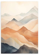 Cuadro de montañas superpuestas en tonos terracota, beige, crema, gris azulado y antracita, con bruma suave y estilo naturaleza y paisajes. Disponible en kudeko.com
