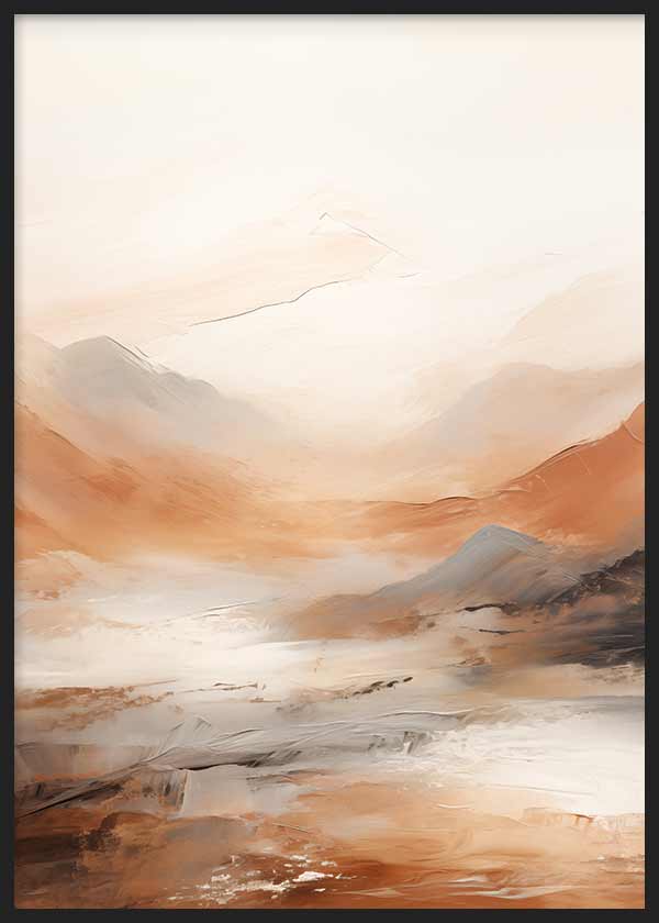 Cuadro con montañas difuminadas, valle luminoso y tonos tierra, beige, blanco y gris suave, de estilo naturaleza y paisajes. Disponible en kudeko.com