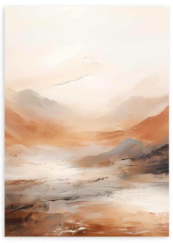 Tableau encadré avec montagnes estompées, vallée lumineuse, tons terre, beige, blanc et gris doux, dans un style nature et paysage apaisant. Disponible sur kudeko.com